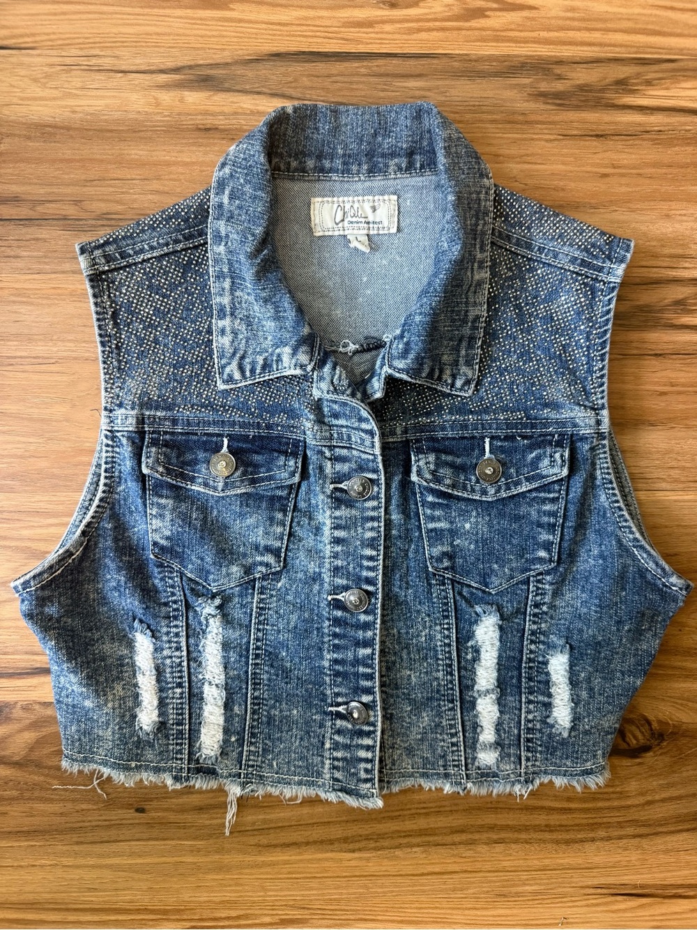 Studded Distressed Blue Denim Vest - Cropped Sleeveless Jacket